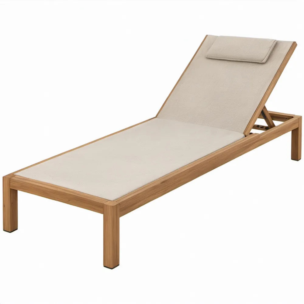 Verstelbaar ligbed met acaciahouten frame en kussens, 200 x 70 x 35 cm, Naturel bruin/Beige