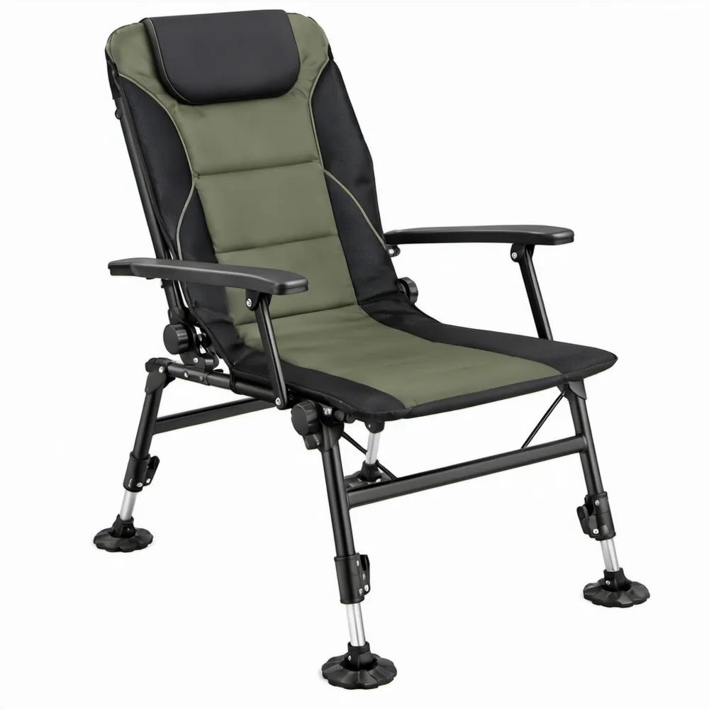 Verstelbare Campingstoel met Armleuningen en Verstelbare Poten, 110 x 68 x 75 cm, Olijfgroen/Zwart