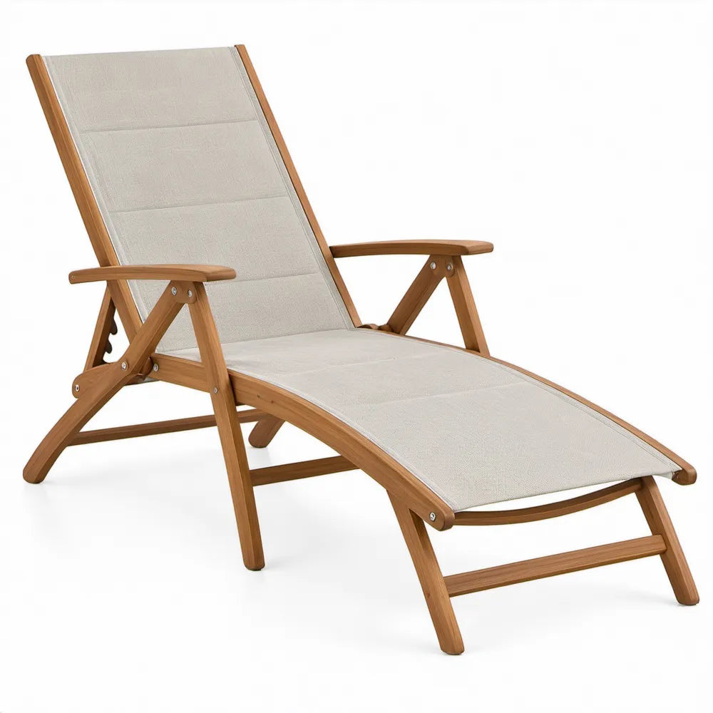 Verstelbaar inklapbaar ligbed van acaciahout met beige textileen, 195 x 68 x 30 cm