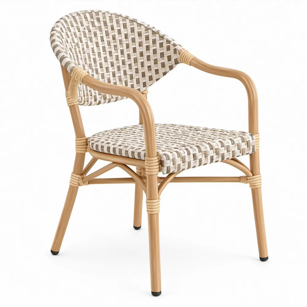 Terrasstoel met armleuningen, aluminium met PE-vlechtwerk, Beige/Wit, 58 x 60 x 80 cm
