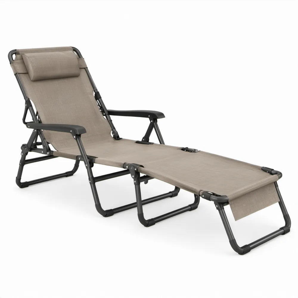 Opvouwbare verstelbare ligstoel met hoofdkussen, 178 x 65 x 110 cm, taupe/zwart