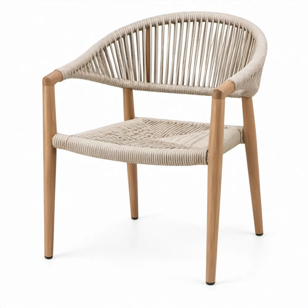 Terrasstoel met armleuningen van teakhout en polypropyleen touw, 56 x 60 x 78 cm, naturel bruin/lichtbeige