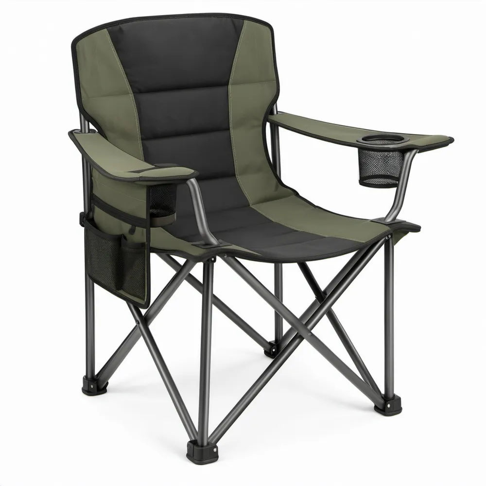 Inklapbare campingstoel met armleuningen, bekerhouders en opbergvakken – Groen/Zwart – 60 x 60 x 100 cm