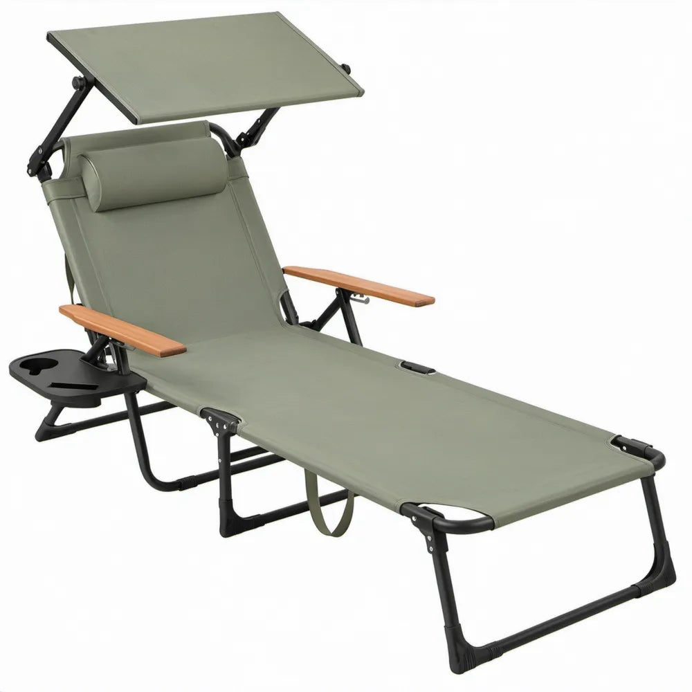 Verstelbaar inklapbaar ligbed met zonnescherm en zijtafel, 189 x 58 x 30 cm, olijfgroen/zwart/bruin