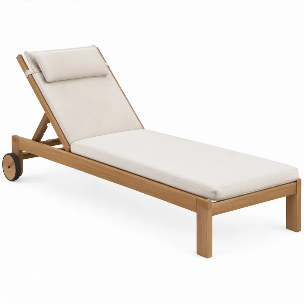 Verstelbaar teakhouten ligbed met wielen en crèmekleurige kussens, 200 x 70 x 35 cm