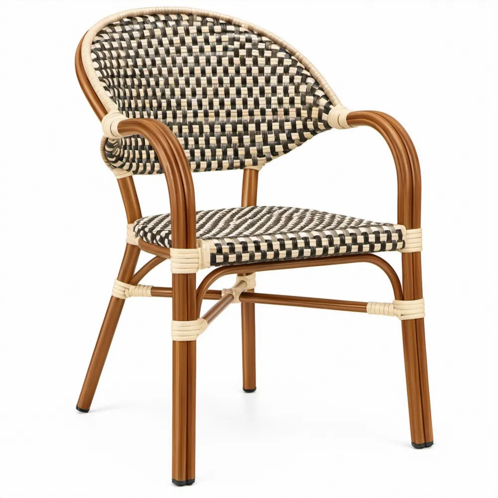 Terrasstoel met armleuningen, aluminium en PE-rattan, 57 x 60 x 83 cm, Bruin/Zwart/Beige
