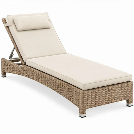 Verstelbaar ligbed van PE-vlechtwerk met kussens, beige/crème, 200 x 65 x 30 cm