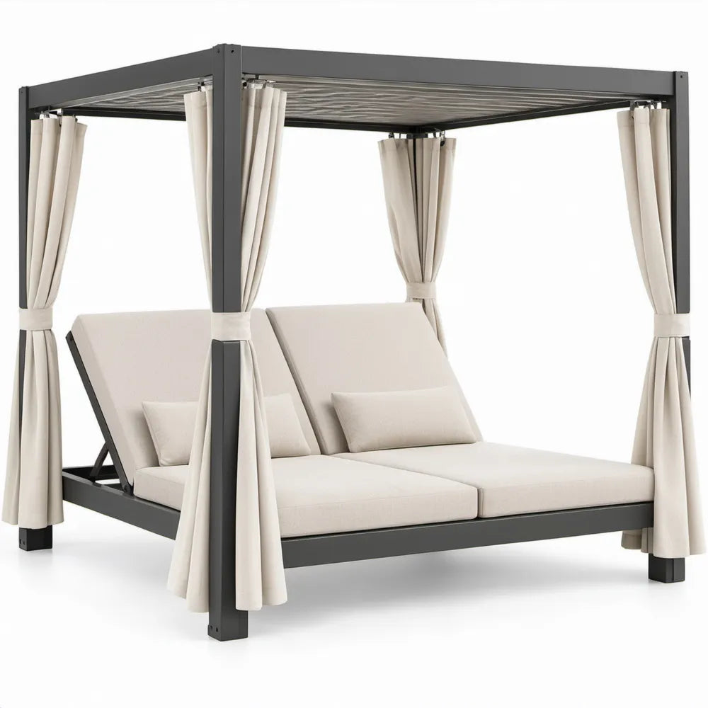 Tweepersoons hemelbed voor buiten met verstelbare rugleuningen, 210 x 210 x 200 cm, antraciet/crème