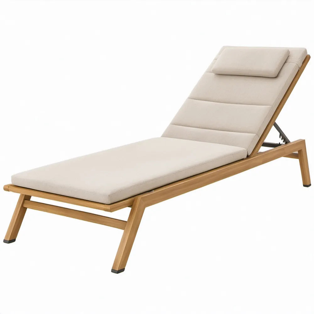 Verstelbaar ligbed van acaciahout met beige kussens, 200 x 70 x 30 cm
