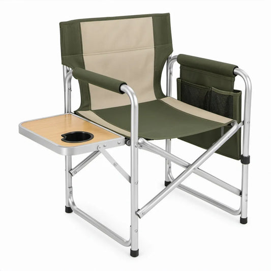 Opvouwbare campingstoel met zijtafel en bekerhouder, 86 x 55 x 90 cm, groen/beige/zilver