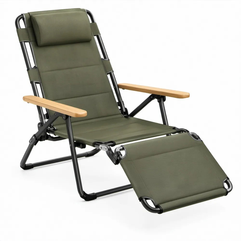 Verstelbare campingstoel met voetensteun en hoofdsteun, 160 x 64 x 85 cm, olijfgroen