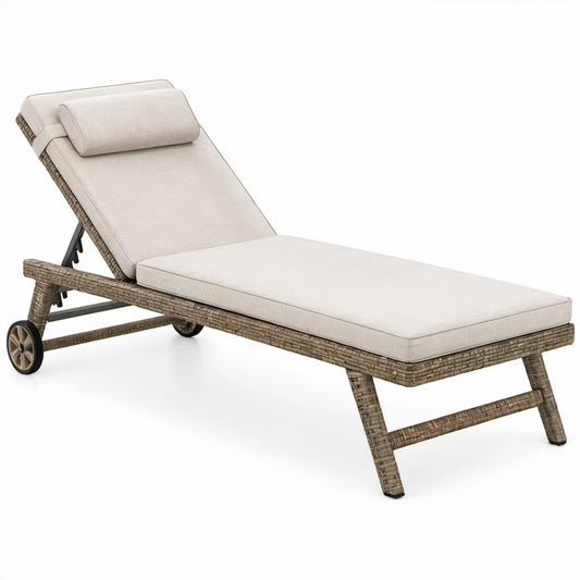 Verstelbaar taupe PE-rattan ligbed met wielen en crèmekleurige kussens, 200 x 65 x 35 cm