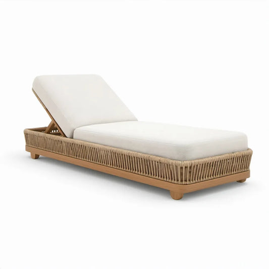 Verstelbaar teakhouten ligbed met beige koord en gebroken witte kussens, 200 x 75 x 35 cm