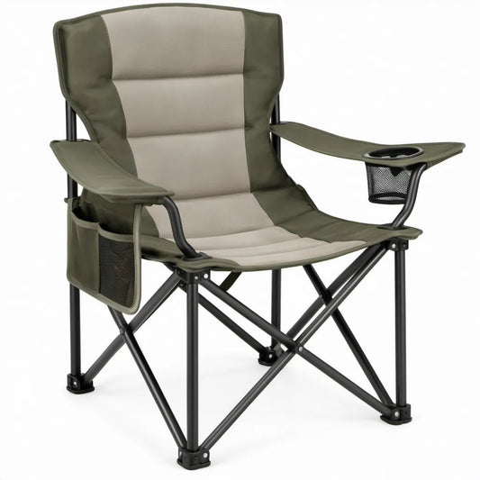 Opvouwbare campingstoel met armleuningen, bekerhouder en opbergvakken – 90 x 60 x 105 cm – Olijfgroen/Beige/Zwart