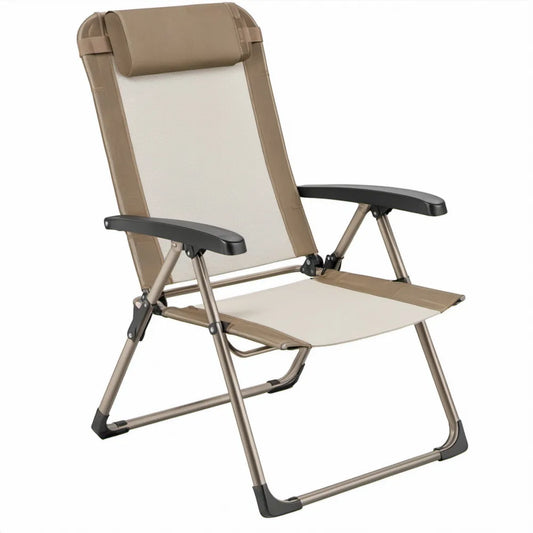 Inklapbare verstelbare campingstoel met hoofdsteun, beige/brons/zwart, 61 x 75 x 110 cm