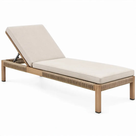 Verstelbaar buitenligbed van massief teakhout met beige kussen, 200 x 70 x 35 cm