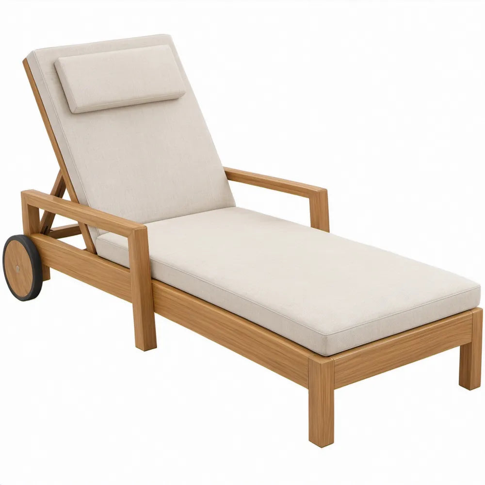 Verstelbaar ligbed met wielen en kussens, 200 x 70 cm, beige/naturelbruin acaciahout