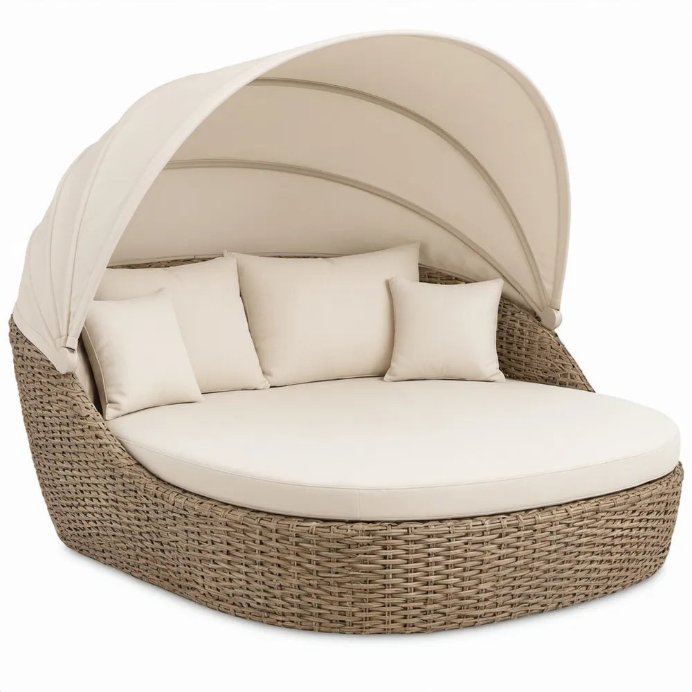 Rond tweepersoons ligbed met verstelbaar zonnescherm, 185 x 160 x 160 cm, Taupe/Crème