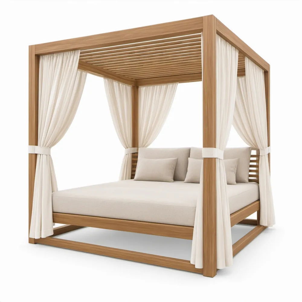 Buitenhemelbed van massief acaciahout met crèmekleurige gordijnen – 210 x 210 x 200 cm