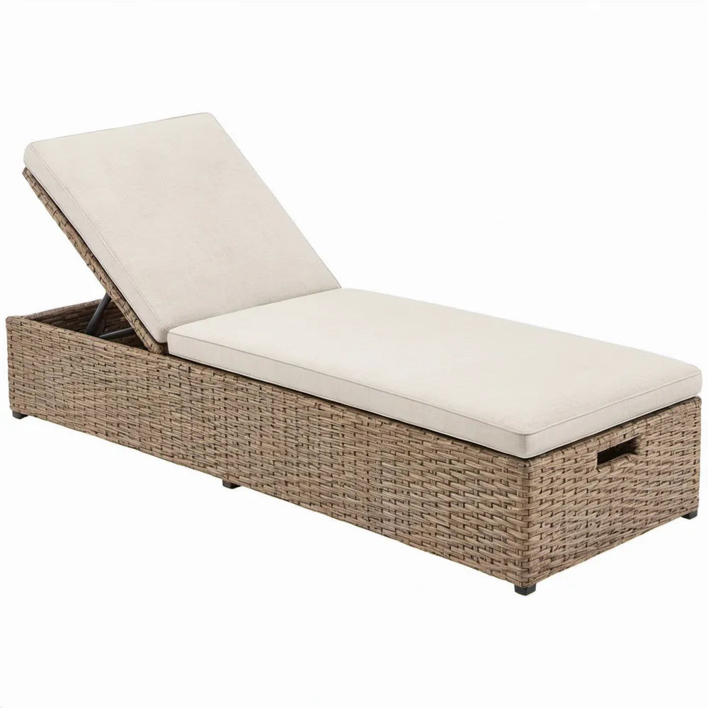 Verstelbaar PE-rattan ligbed met kussen – 200 x 65 x 31 cm – Naturel beige/Crèmebeige