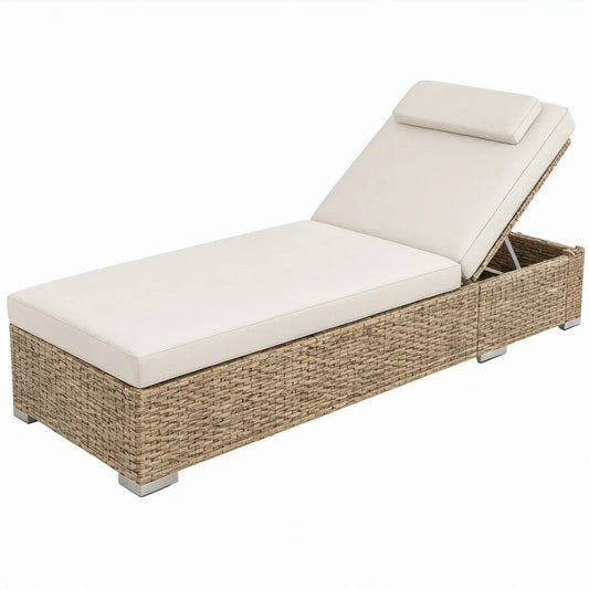 Verstelbaar ligbed met kussens, beige, 200 x 65 x 33 cm, PE-rattan en staal