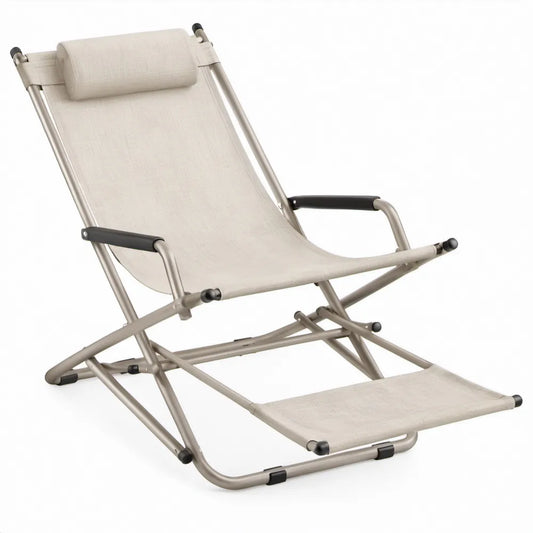 Verstelbare inklapbare stoel met voetensteun en hoofdsteun, beige/grijs/zwart, 160 x 67 x 110 cm