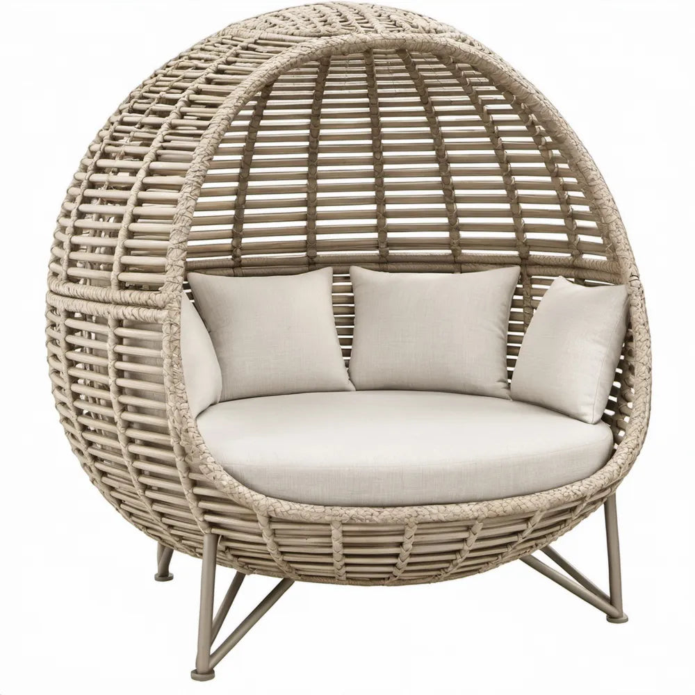 Eivormige loungesstoel met PE-vlechtwerk en kussens, beige/gebroken wit, 100 x 90 x 150 cm