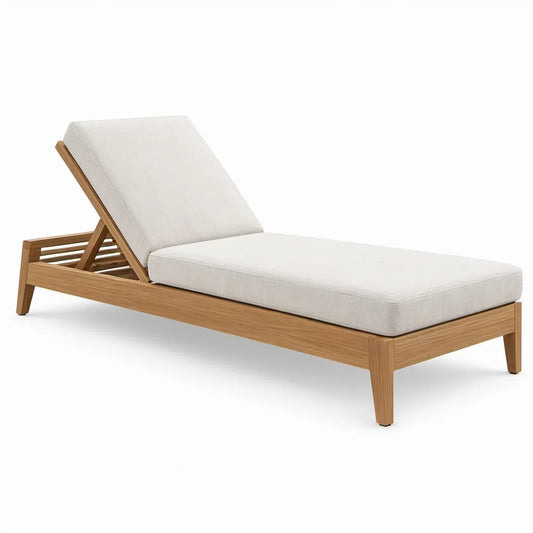 Verstelbaar teakhouten ligbed met beige kussen, 200 x 70 cm