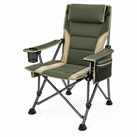 Inklapbare campingstoel met verstelbare rugleuning en hoofdsteun, 60 x 70 x 110 cm, groen/beige/zwart