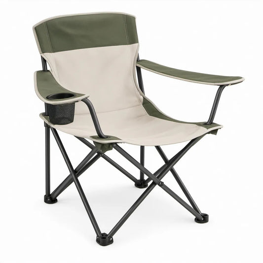 Inklapbare campingstoel met bekerhouder en opbergvak, 60 x 60 x 95 cm, groen/beige/zwart