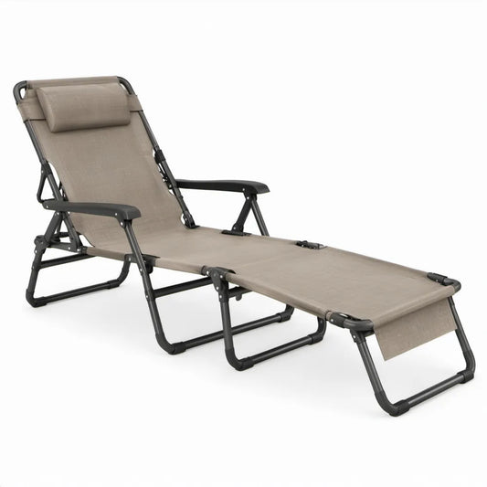 Opvouwbare verstelbare ligstoel met hoofdkussen, 178 x 65 x 110 cm, taupe/zwart