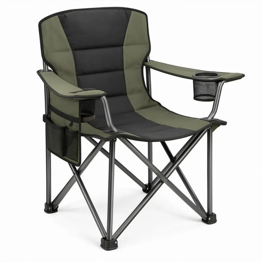 Inklapbare campingstoel met armleuningen, bekerhouders en opbergvakken – Groen/Zwart – 60 x 60 x 100 cm