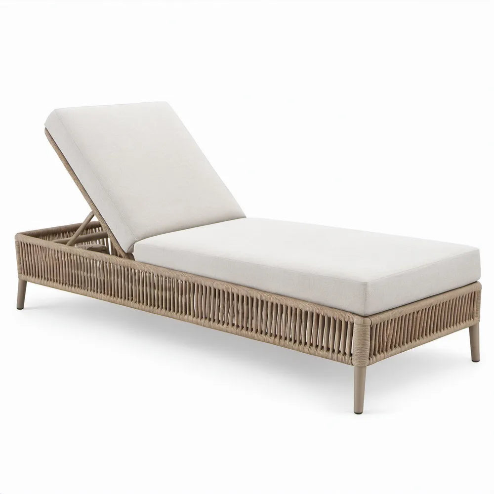 Verstelbaar ligbed van aluminium en PE-touw met crèmekleurige kussens, taupe, 200 x 75 x 35 cm
