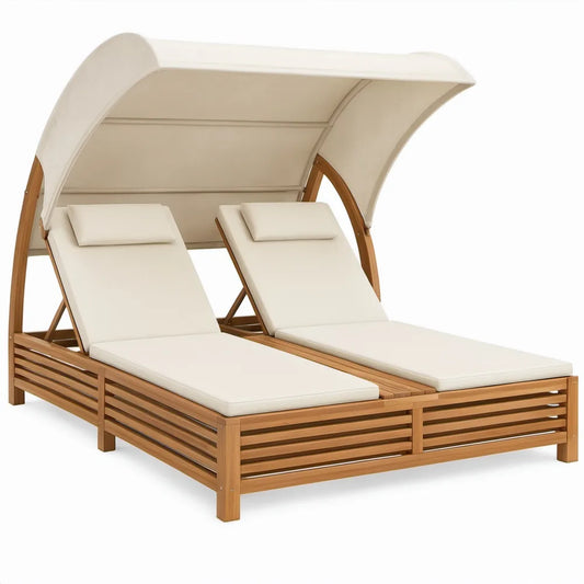 Dubbel ligbed met verstelbare rugleuningen en zonnedak, 200 x 150 x 200 cm, crème en naturelbruin