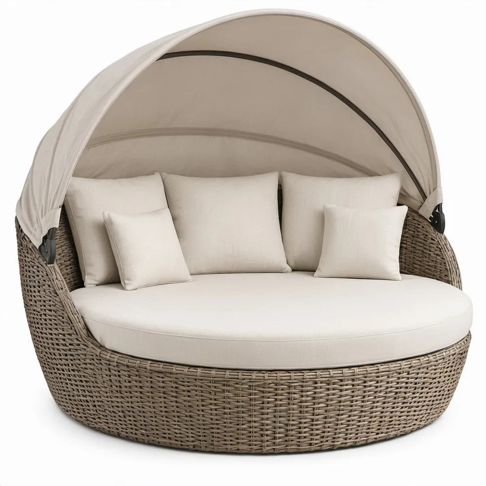 Rond tweepersoonsligbed met zonnedak, 180 x 180 x 160 cm, Beige/Taupe