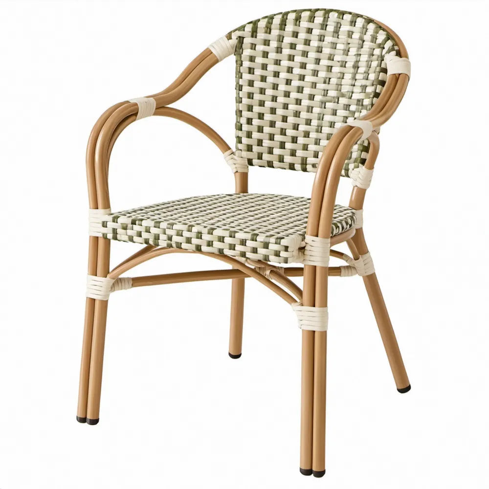 Bistrostoel met armleuningen, groen-wit PE-vlechtwerk, 57 x 60 x 88 cm
