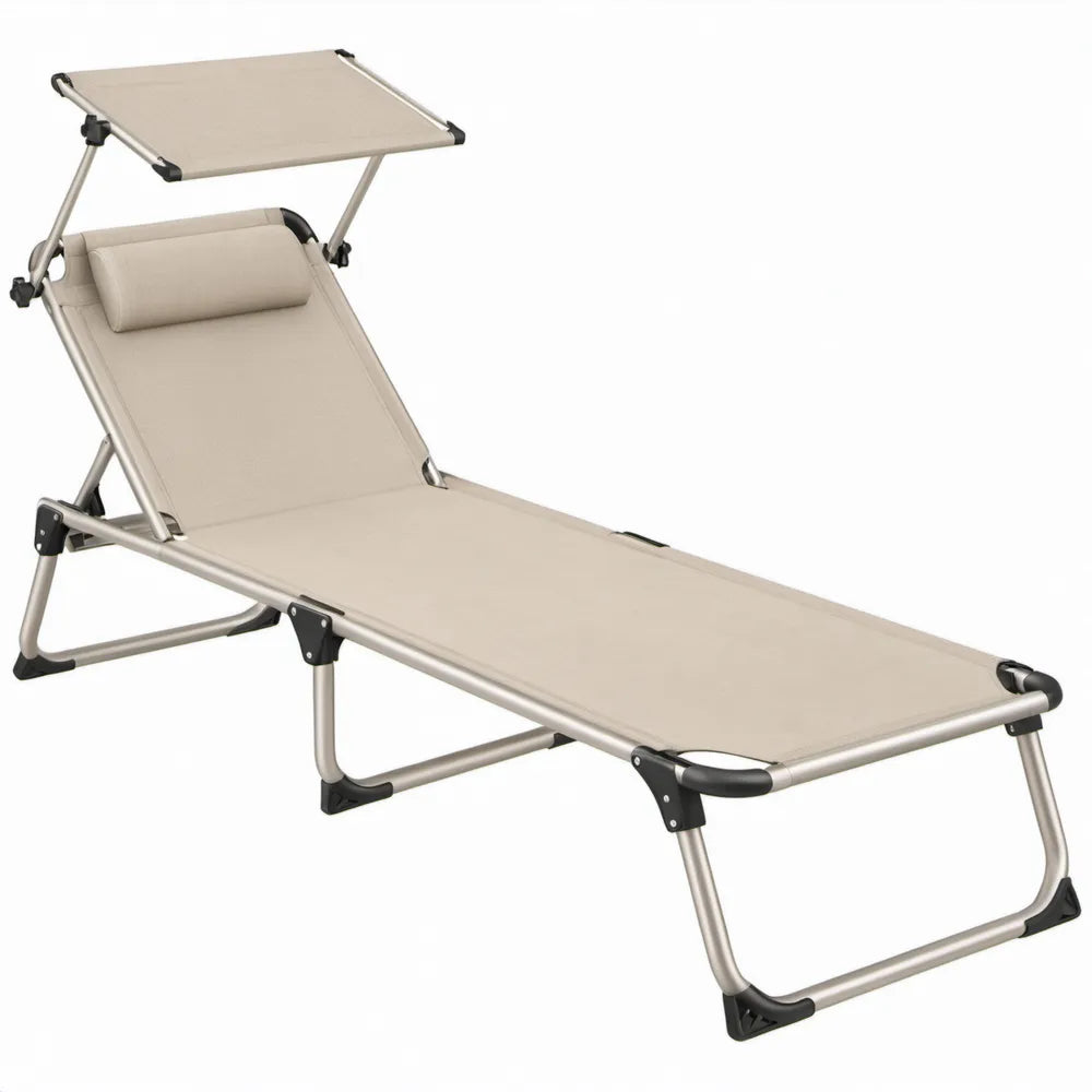 Verstelbaar aluminium ligbed met zonnedak en hoofdkussen, 188 x 58 x 30 cm, beige