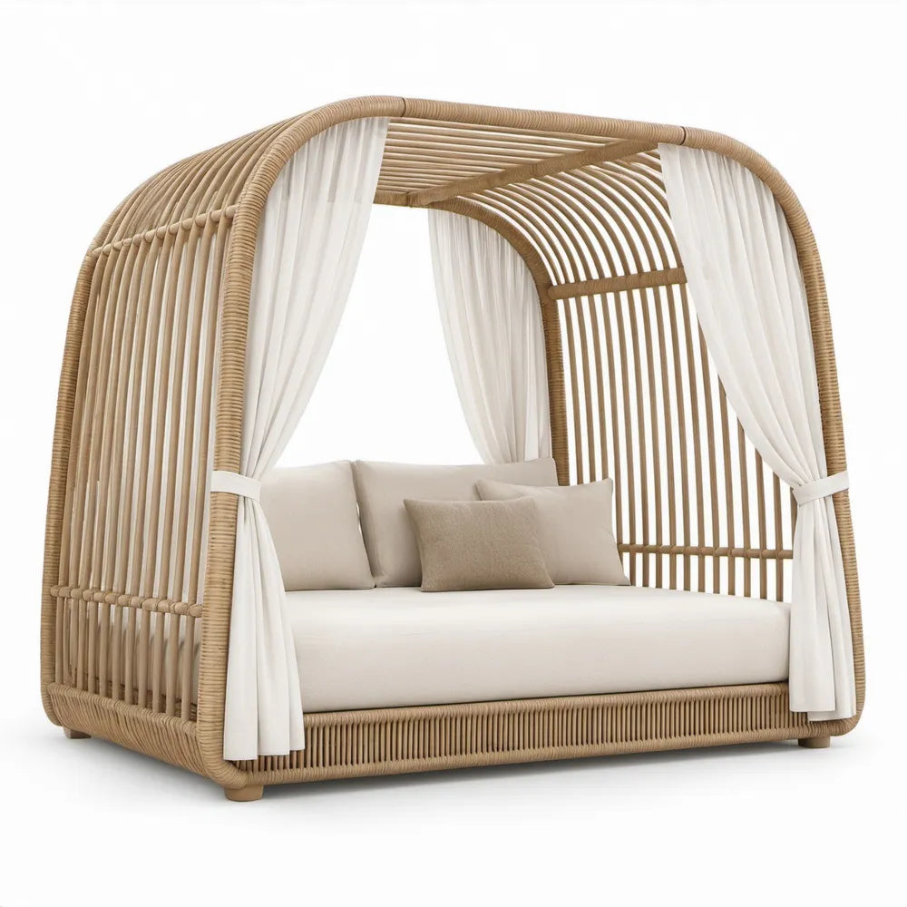 Loungebed met overkapping van naturel PE-rattan met crème gordijnen en beige kussen, 200 x 150 x 200 cm