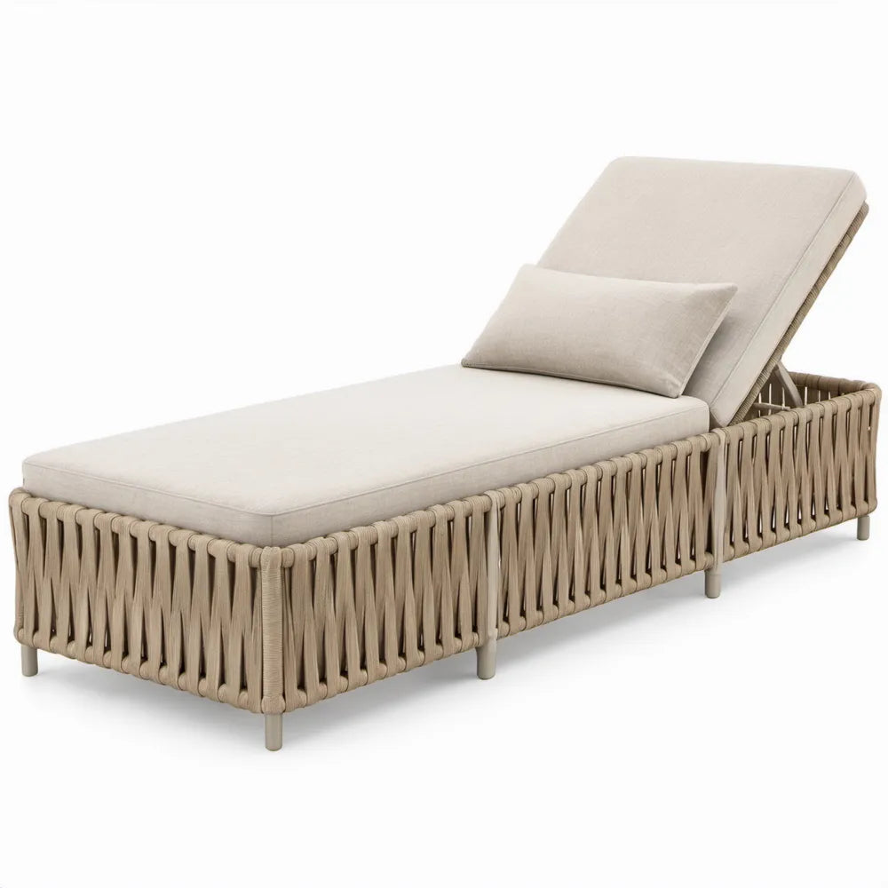 Beige verstelbaar ligbed met kussens, aluminium en polypropyleen touw, 198 x 78 x 34 cm