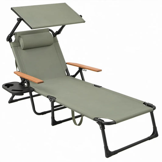 Verstelbaar inklapbaar ligbed met zonnescherm en zijtafel, 189 x 58 x 30 cm, olijfgroen/zwart/bruin