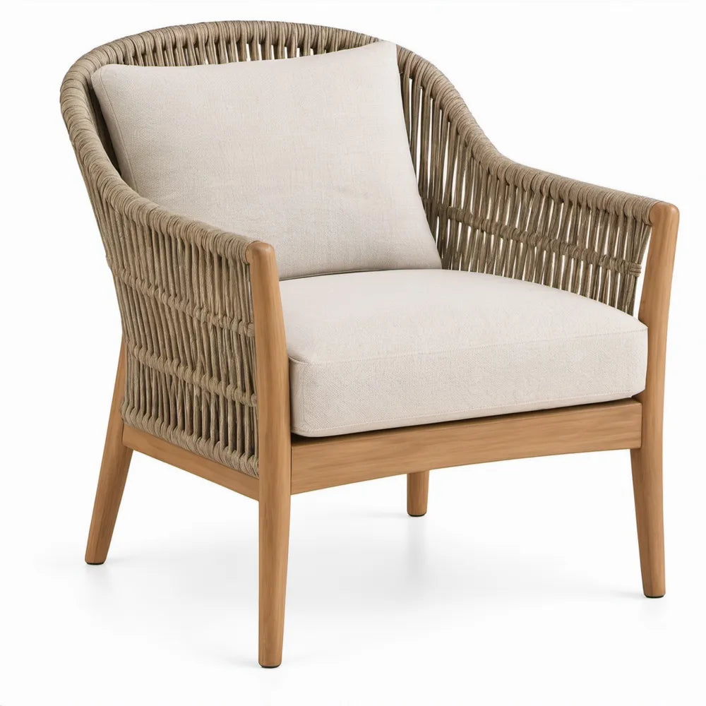 Tuinstoel met armleuningen 73 x 76 x 80 cm naturel, taupe en crème van massief acaciahout en polypropyleen koord