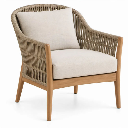 Tuinstoel met armleuningen 73 x 76 x 80 cm naturel, taupe en crème van massief acaciahout en polypropyleen koord